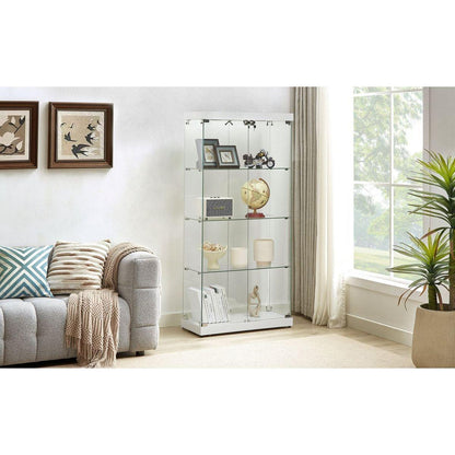 4-Tier Glass Display Cabinet, Double Door Glass Cabinet, Four Partitions, Two Locks, Floor Standing Storage Cabinet for Living Room, Bedroom, Showroom and Office, White, 31.5"L x 14.2"W x 66.3"H
