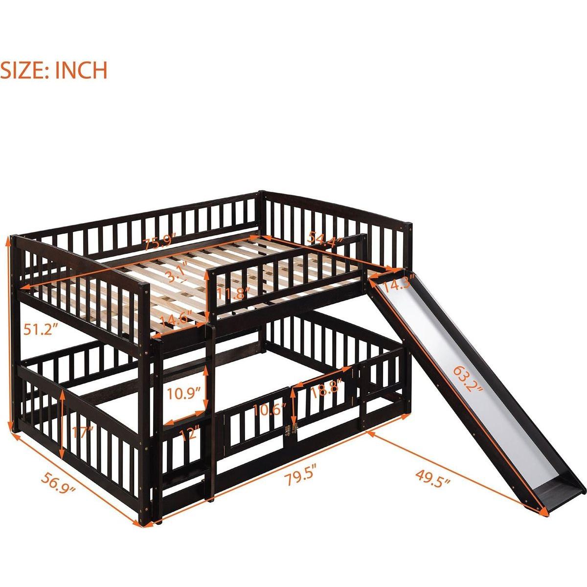 Bunk Bed with Slide,Full Over Full Low Bunk Bed with Fence and Ladder for Toddler Kids Teens Espresso
