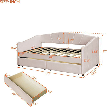 Upholstered daybed Twin Size with Two Drawers and Wood Slat, Beige