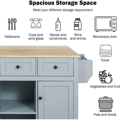 Kitchen Cart with Rubber wood Drop-Leaf Countertop, Cabinet door internal storage racks,Kitchen Island on 5 Wheels with Storage Cabinet and 3 Drawers for Dining Room, Grey Blue
