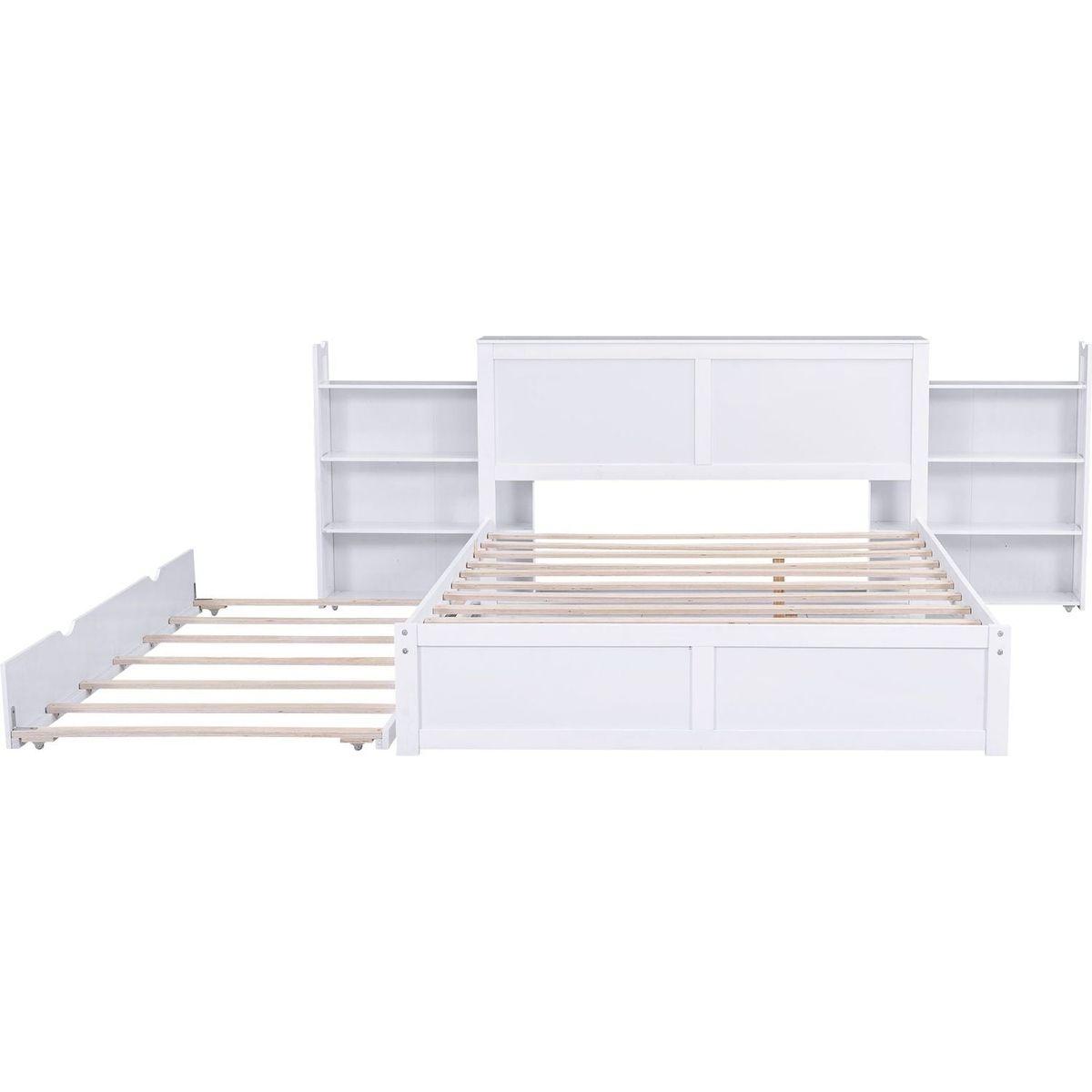 Queen Size Storage Platform Bed with Pull Out Shelves and Twin XL Size Trundle, White