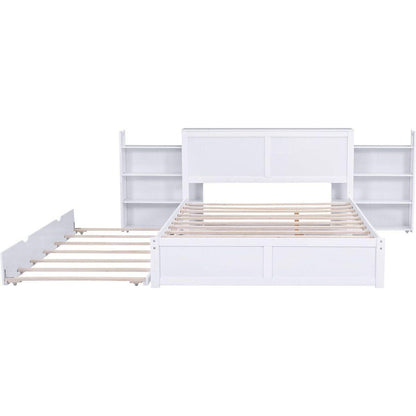 Queen Size Storage Platform Bed with Pull Out Shelves and Twin XL Size Trundle, White