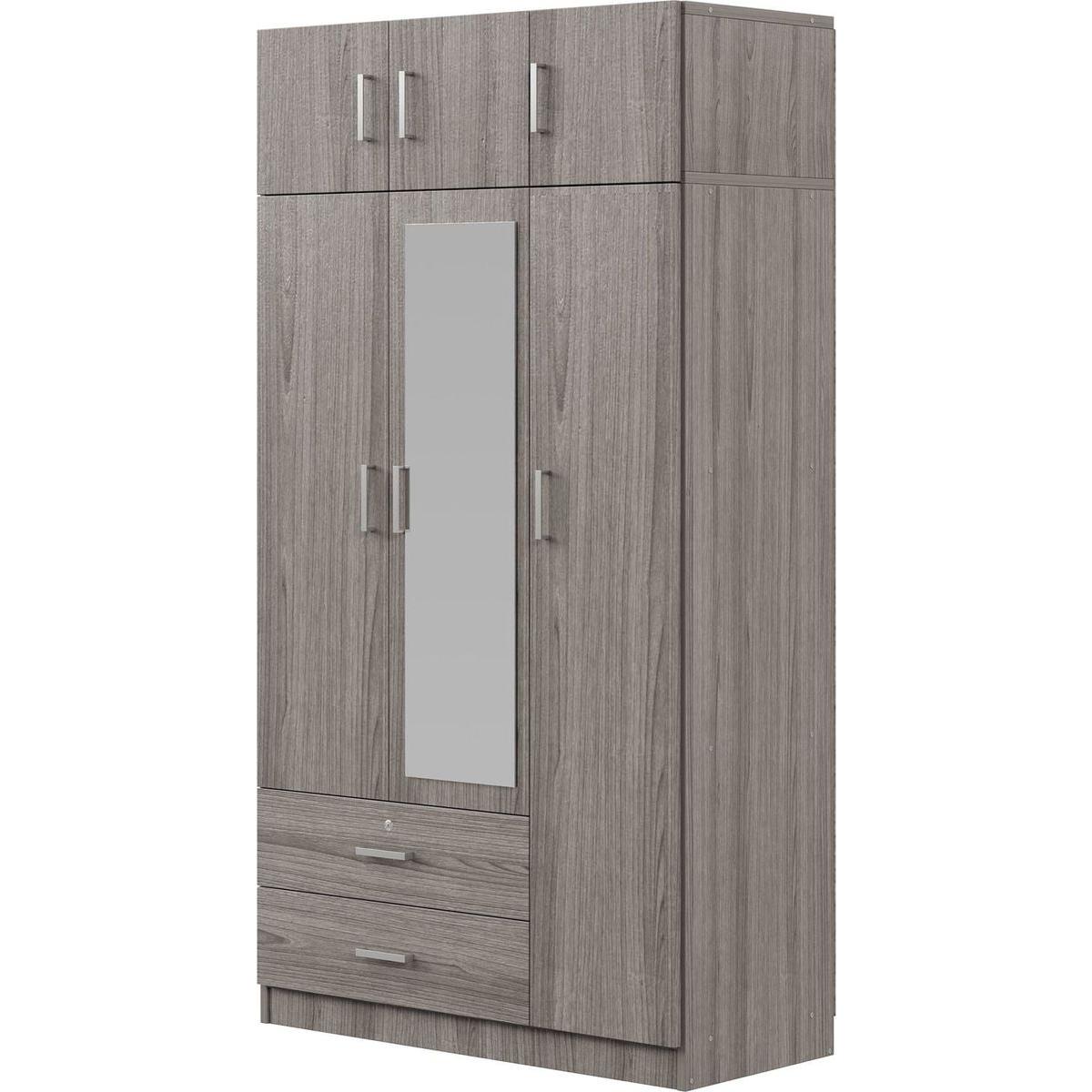 3-Door Mirror Wardrobe with 2 Drawers and Top Cabinet,Gray
