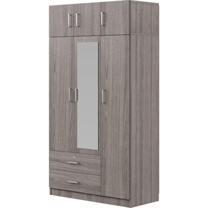 3-Door Mirror Wardrobe with 2 Drawers and Top Cabinet,Gray