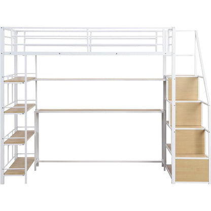 Twin Size Metal Loft bed with Staircase, Built-in Desk and Storage Shelves, White