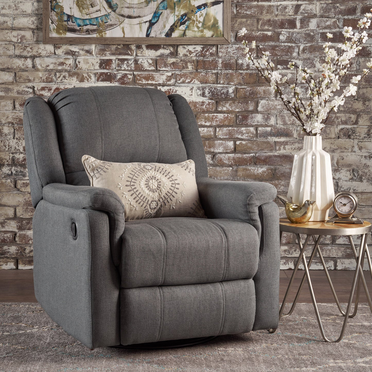 Charcoal Fabric Glider Recliner with Swivel, Manual Reclining Chair