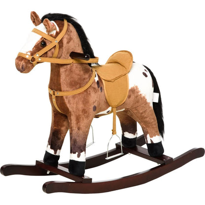 Qaba Kids Metal Plush Ride-On Rocking Horse Chair Toy With Realistic Sounds - Dark Brown/White