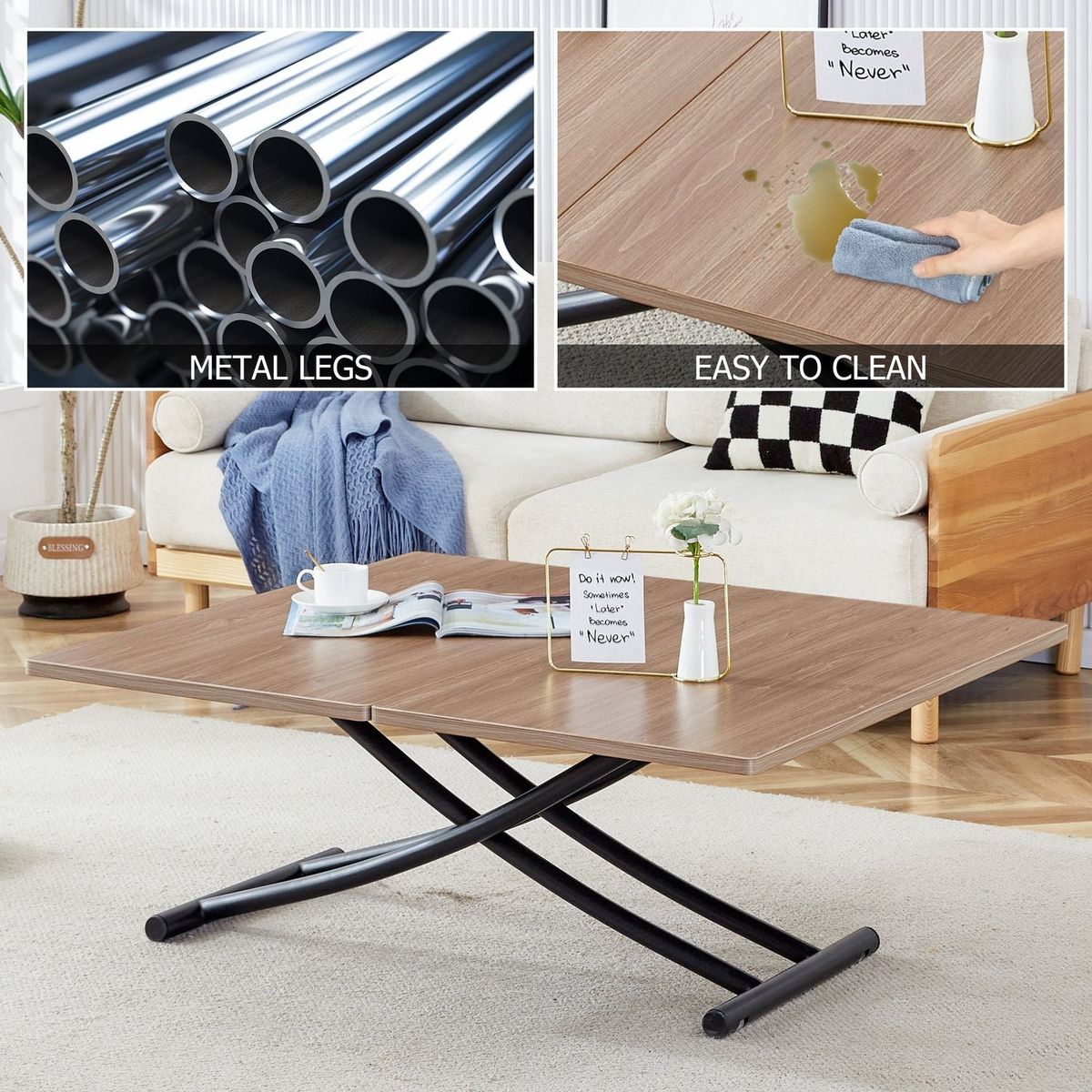 Modern minimalist multifunctional lifting table, 0.8-inch wood grain craft sticker desktop, black metal legs. Paired with 4 faux leather upholstered dining chairs with black metal legs