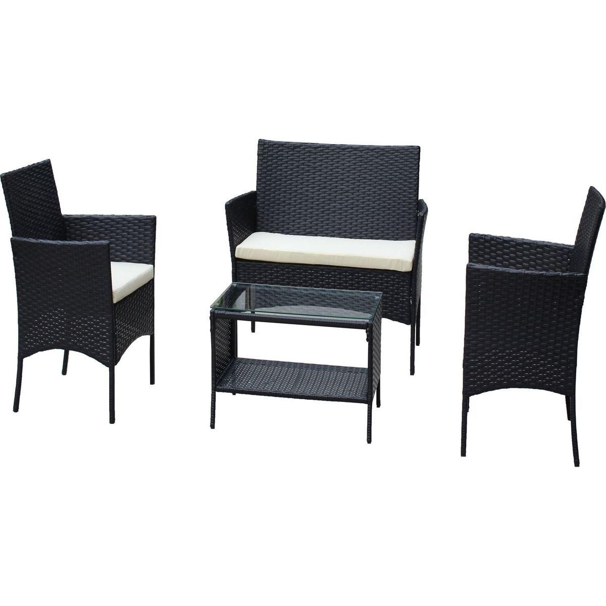 4 PC Rattan Patio Furniture Set Outdoor Patio Cushioned Seat Wicker Sofa (Beige Cushion)