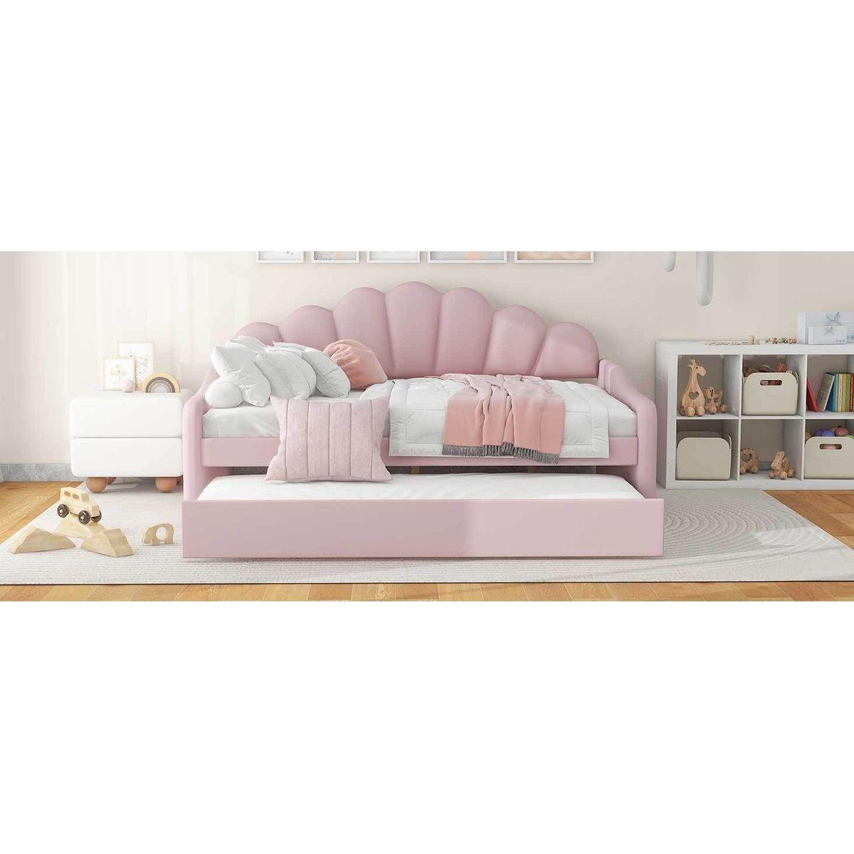 Full Size Upholstery Daybed Frame with Shall Shaped Backrest and Trundle,Pink
