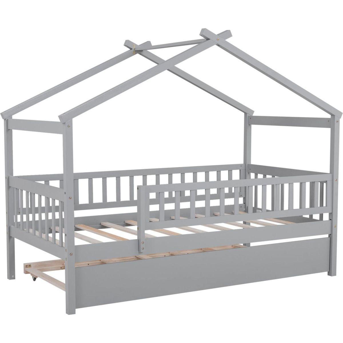 Twin Size Wooden House Bed with Twin Size Trundle, Gray