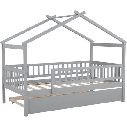 Twin Size Wooden House Bed with Twin Size Trundle, Gray