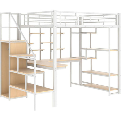 Full Size Metal Loft Bed with Storage Staircase and Small Wardrobe, Built-in Desk and Storage Shelves, White