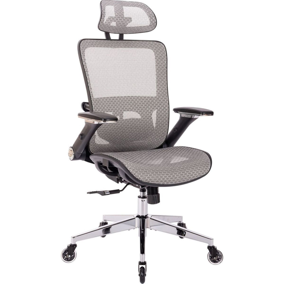 GREY Ergonomic Mesh Office Chair, High Back - Adjustable Headrest with Flip-Up Arms, Tilt and lock Function, Lumbar Support and blade Wheels, KD chrome metal legs