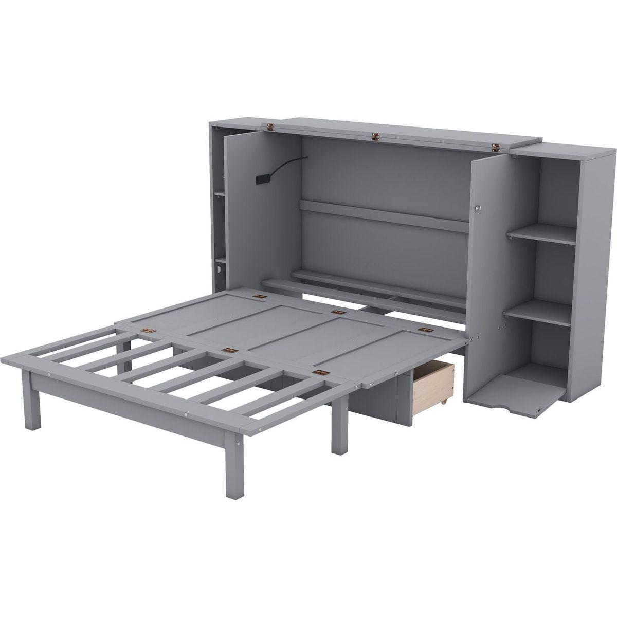Full Size Murphy Bed with Shelves, Drawers and USB Ports,Gray