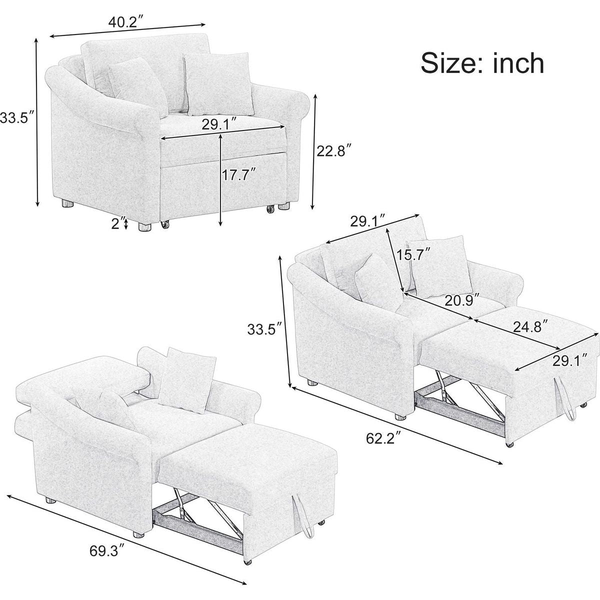 Chenille Convertible Sleeper Chair with Adjustable Backrest, 3 IN 1 Lounger Chair Turns Into Bed, Single Bed for Living Room, Gray