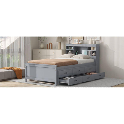Twin Size Platform Bed with Storage Headboard, USB, Twin Size Trundle and 3 Drawers, Gray