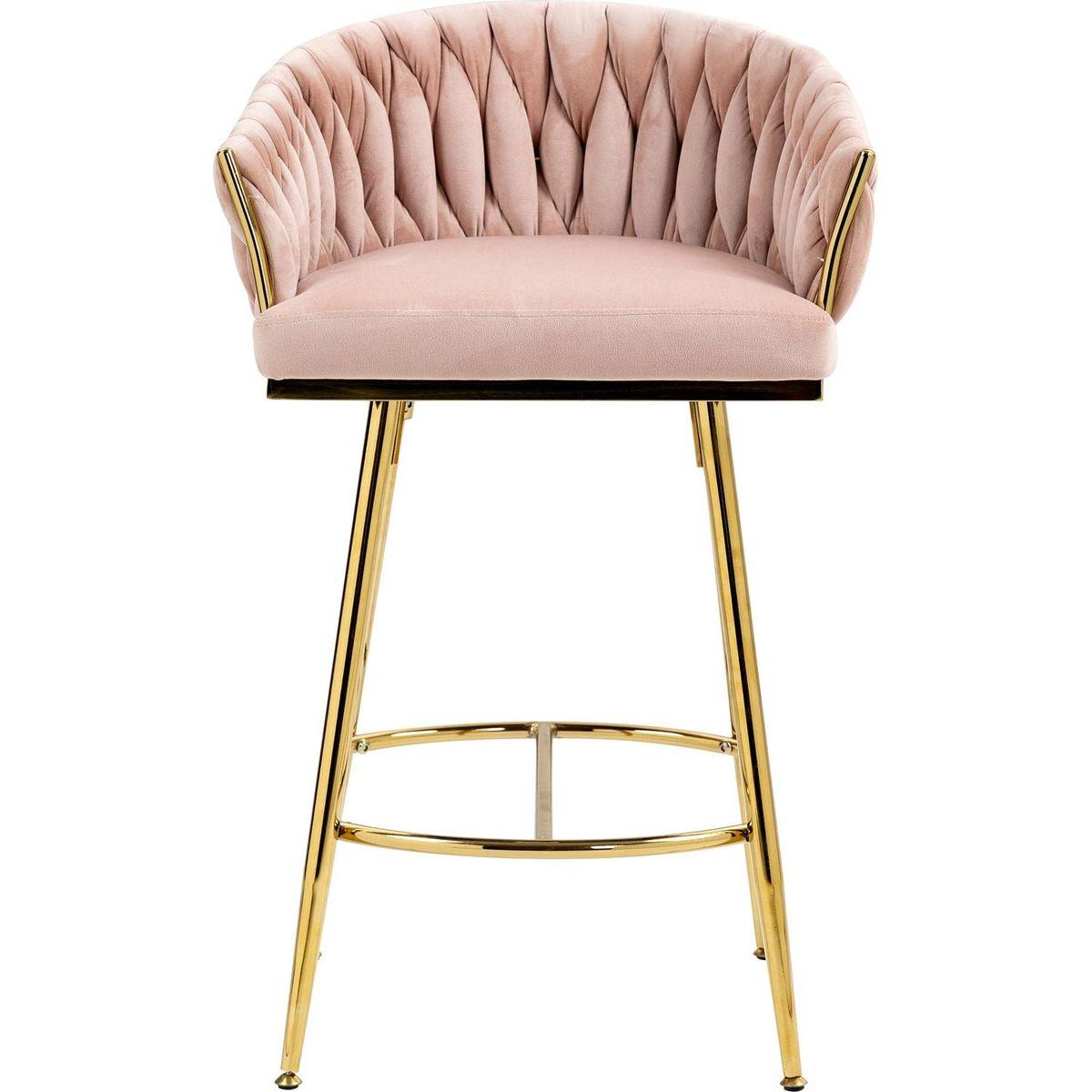26" Counter height bar stools Set of 2 kitchen island counter bar stool with hand- wave back,golden chromed base and footrest(PINK)