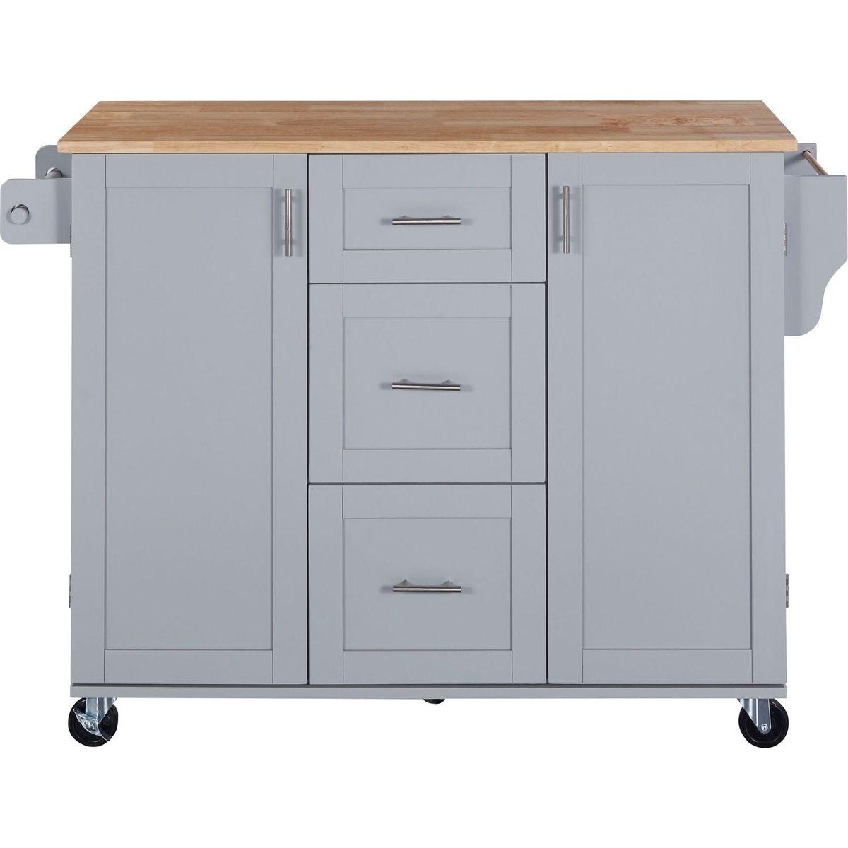 Rolling Kitchen Island with Storage, Kitchen Cart with Rubber Wood Top, 3 Drawer, 2 Slide-Out Shelf and Internal Storage Rack, Kitchen Island on Wheels with Spice Rack & Tower Rack, Grey Blue