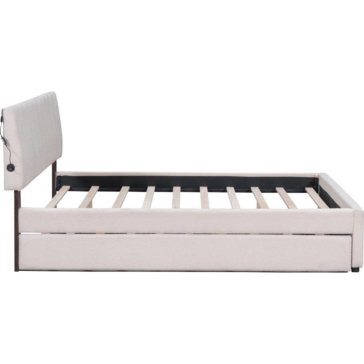 Teddy Fleece Queen Size Upholstered Platform Bed with Trundle, Beige