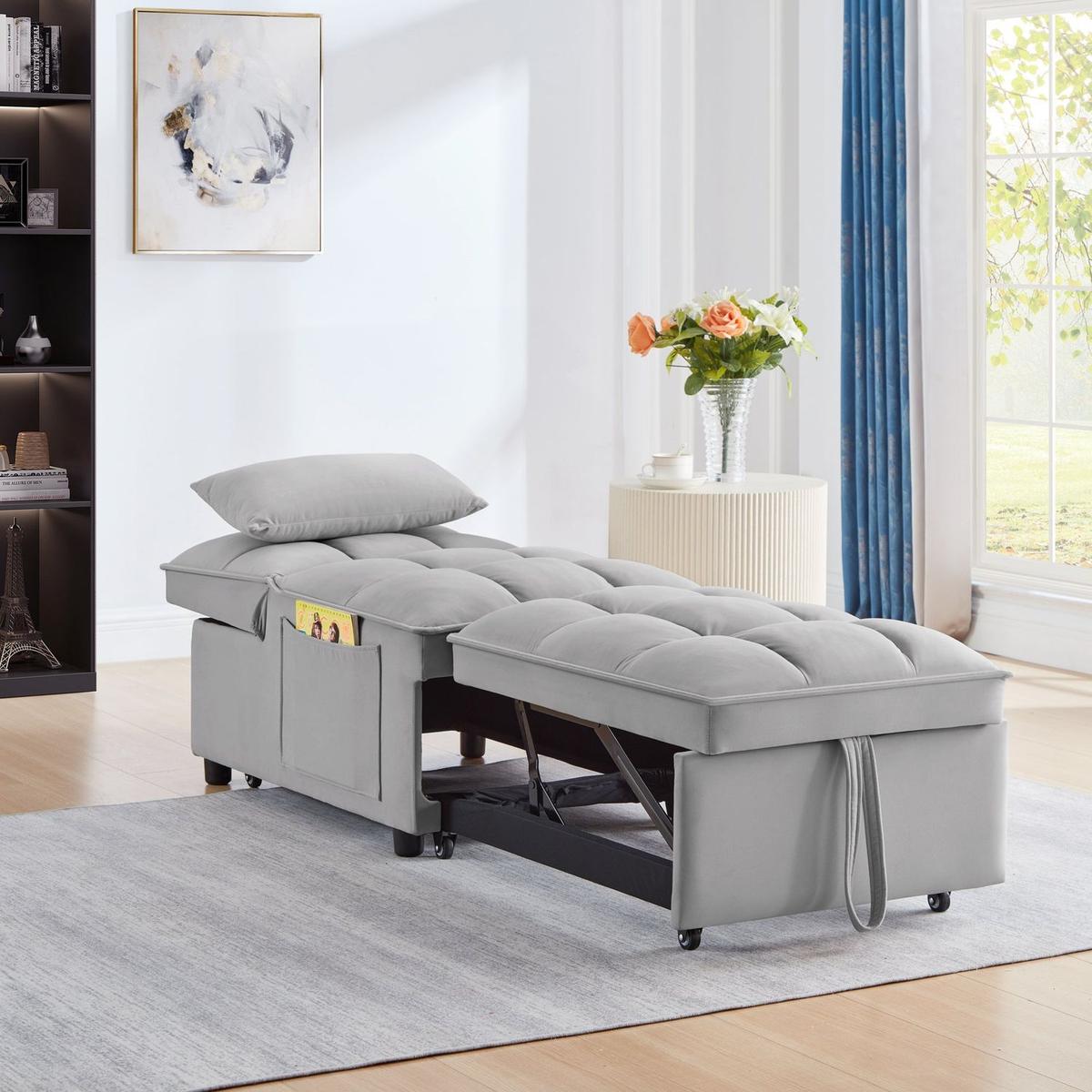 4 in1 Multi-Function Single Sofa Bed with Storage Pockets,Tufted Single Pull-out Sofa Bed with Adjustable Backrest and Pillows, Convertible Chaise Lounge,Gray
