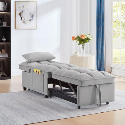 4 in1 Multi-Function Single Sofa Bed with Storage Pockets,Tufted Single Pull-out Sofa Bed with Adjustable Backrest and Pillows, Convertible Chaise Lounge,Gray