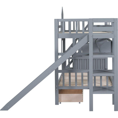 Twin-Over-Twin Castle Style Bunk Bed with 2 Drawers 3 Shelves and Slide - Gray