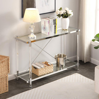 43.31" Chrome Glass Sofa Table, Acrylic Side Table, Console Table for Living Room& Bedroom