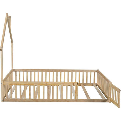 Wood Full Size House Platform Bed with Guardrail, Natural