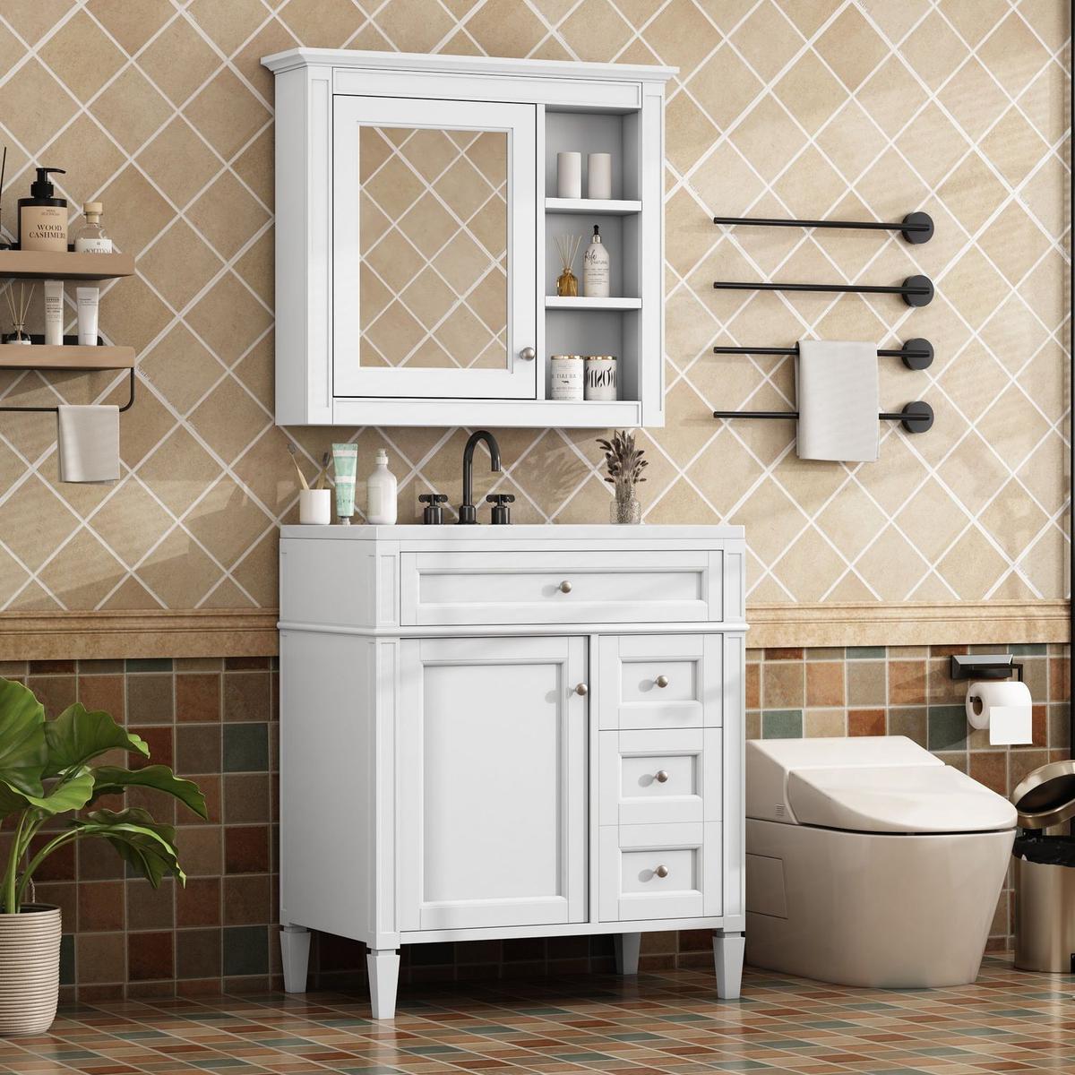 30" Bathroom Vanity with Top Sink, Modern Bathroom Storage Cabinet with 2 Drawers and a Tip-out Drawer, Freestanding Vanity Set with Mirror Cabinet, Single Sink Bathroom Vanity