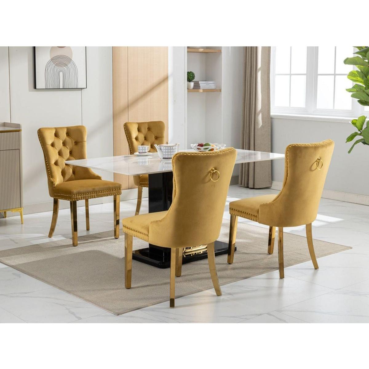 Nikki Collection Modern, High-end Tufted Solid Wood Contemporary Velvet Upholstered Dining Chair with Golden Stainless Steel Plating Legs,Nailhead Trim,Set of 2,Gold