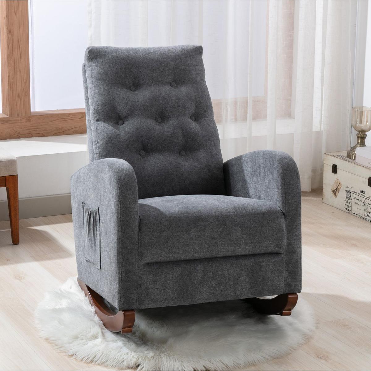 Baby Room High Back Rocking Chair Nursery Chair, Comfortable Rocker Fabric Padded Seat, Modern High Back Armchair