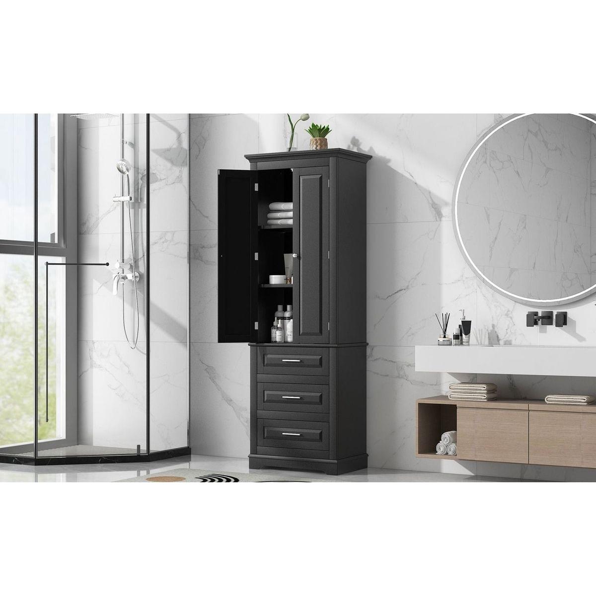 Tall Storage Cabinet with Three Drawers for Bathroom/Office, Black