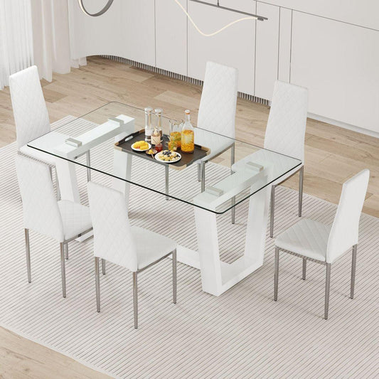 Table and chair set.A rectangular dining table features with tempered glass top and sleek white MDF stand.Paried with 6 PU chairs with checkered armless high back and electroplated metal legs.