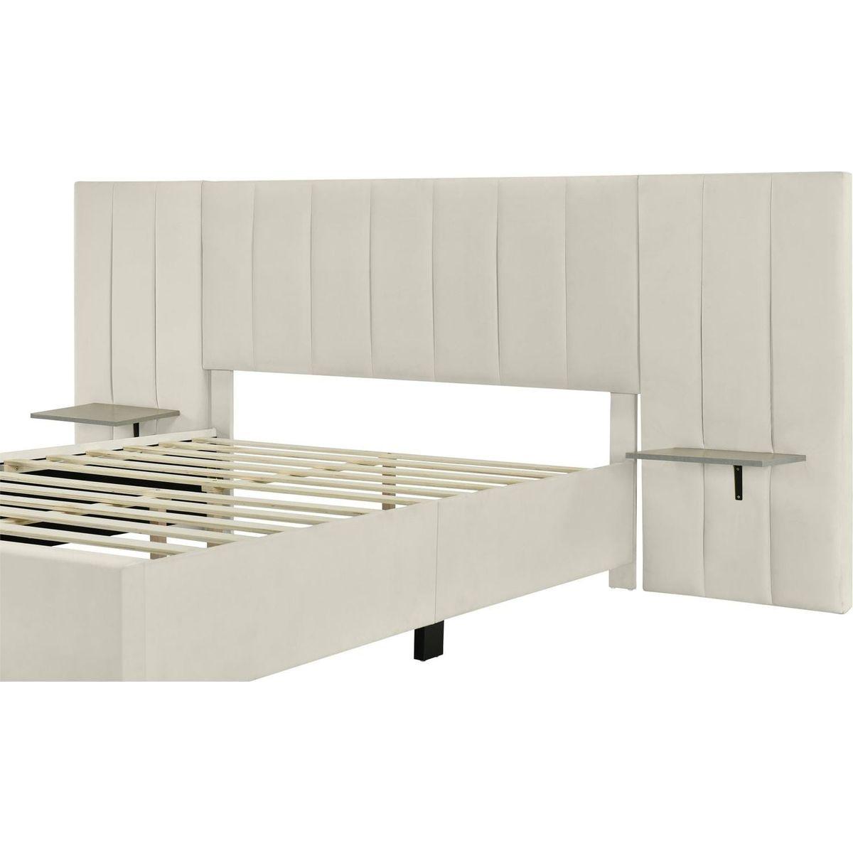 Queen Size Upholstered Platform Bed with Big Headboard, Bedroom Furniture, Velvet, Beige