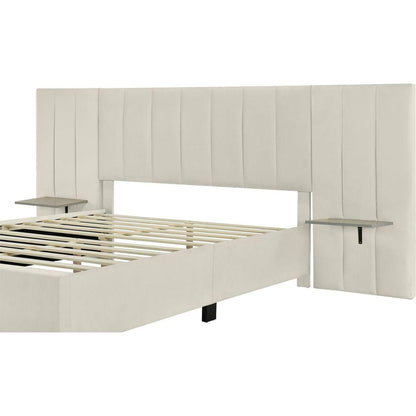 Queen Size Upholstered Platform Bed with Big Headboard, Bedroom Furniture, Velvet, Beige