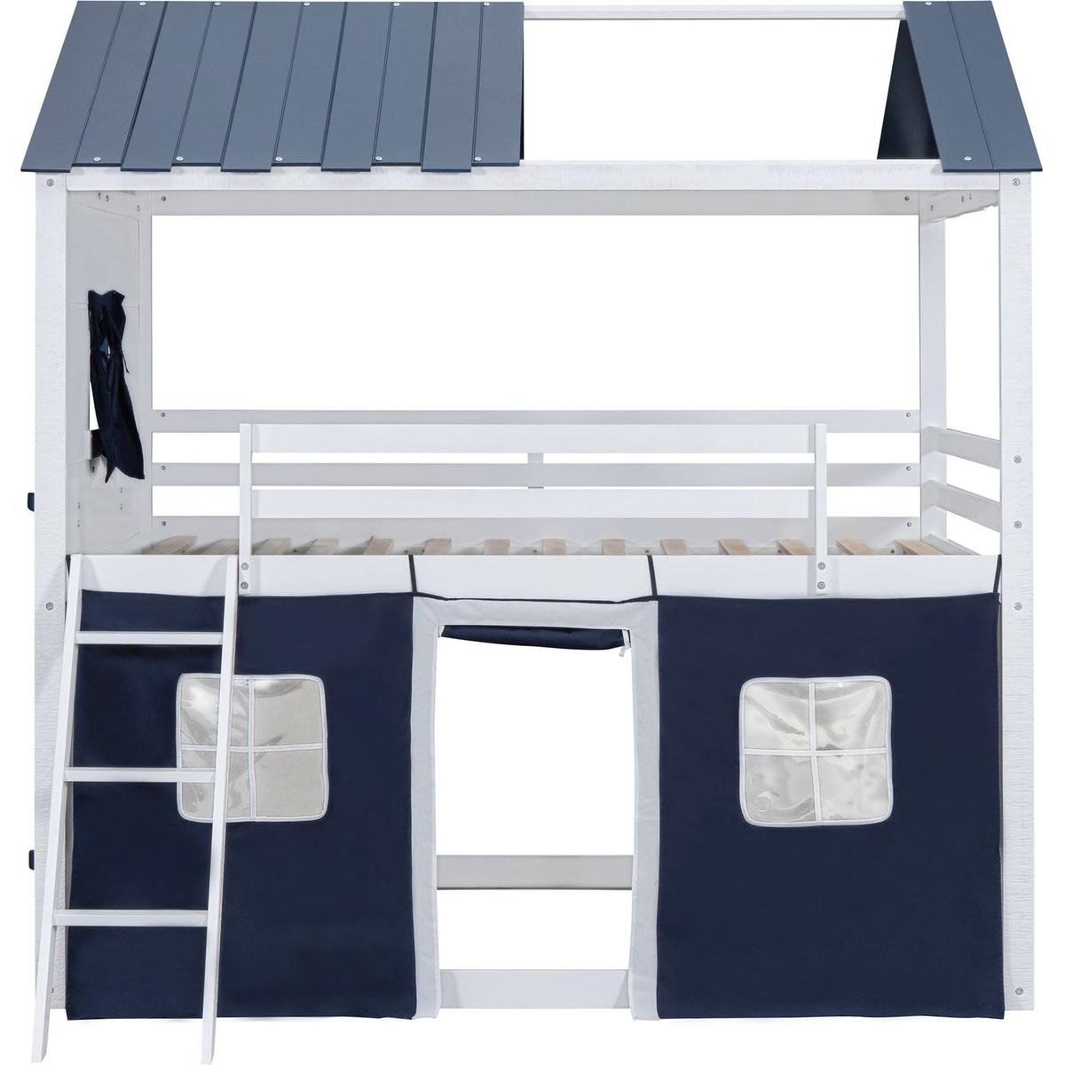 Full Size Bunk Wood House Bed with Elegant Windows, Sills and Tent, Blue+White