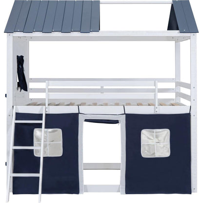 Full Size Bunk Wood House Bed with Elegant Windows, Sills and Tent, Blue+White