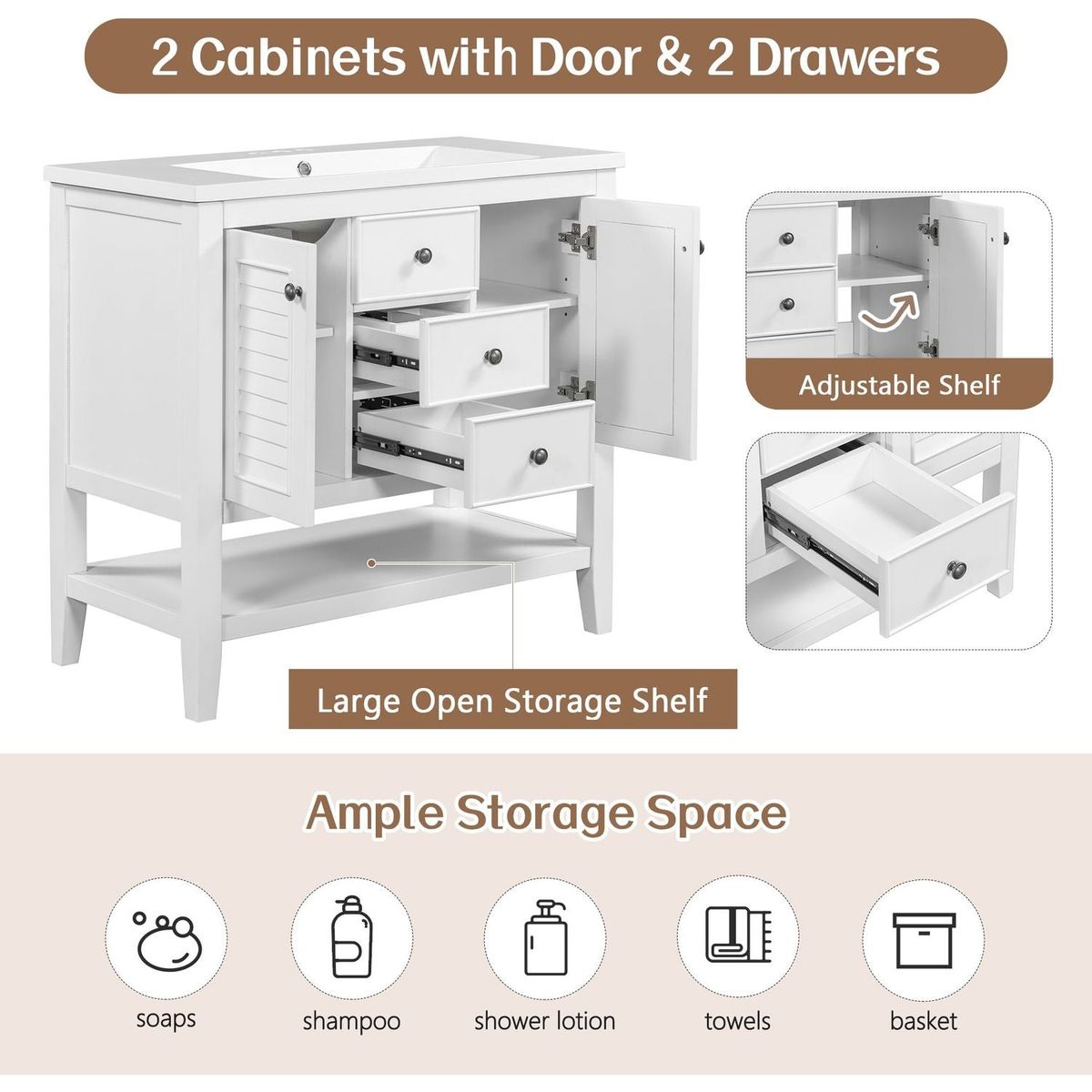 36" Bathroom Vanity without Sink, Cabinet Base Only, Two Cabinets and Drawers, Open Shelf, Solid Wood Frame, White