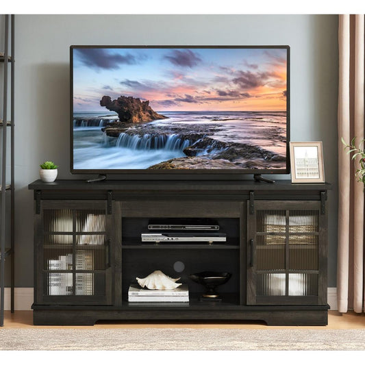 Multipurpose Sliding Door TV Stand Large Storage Cabinet with 2 Sliding Fluted Glass Tempered Doors, TV Up to 65", TV Desk Storage Rack, Charcoal GREY, 59.13"Wx15.94"Dx27.8"H