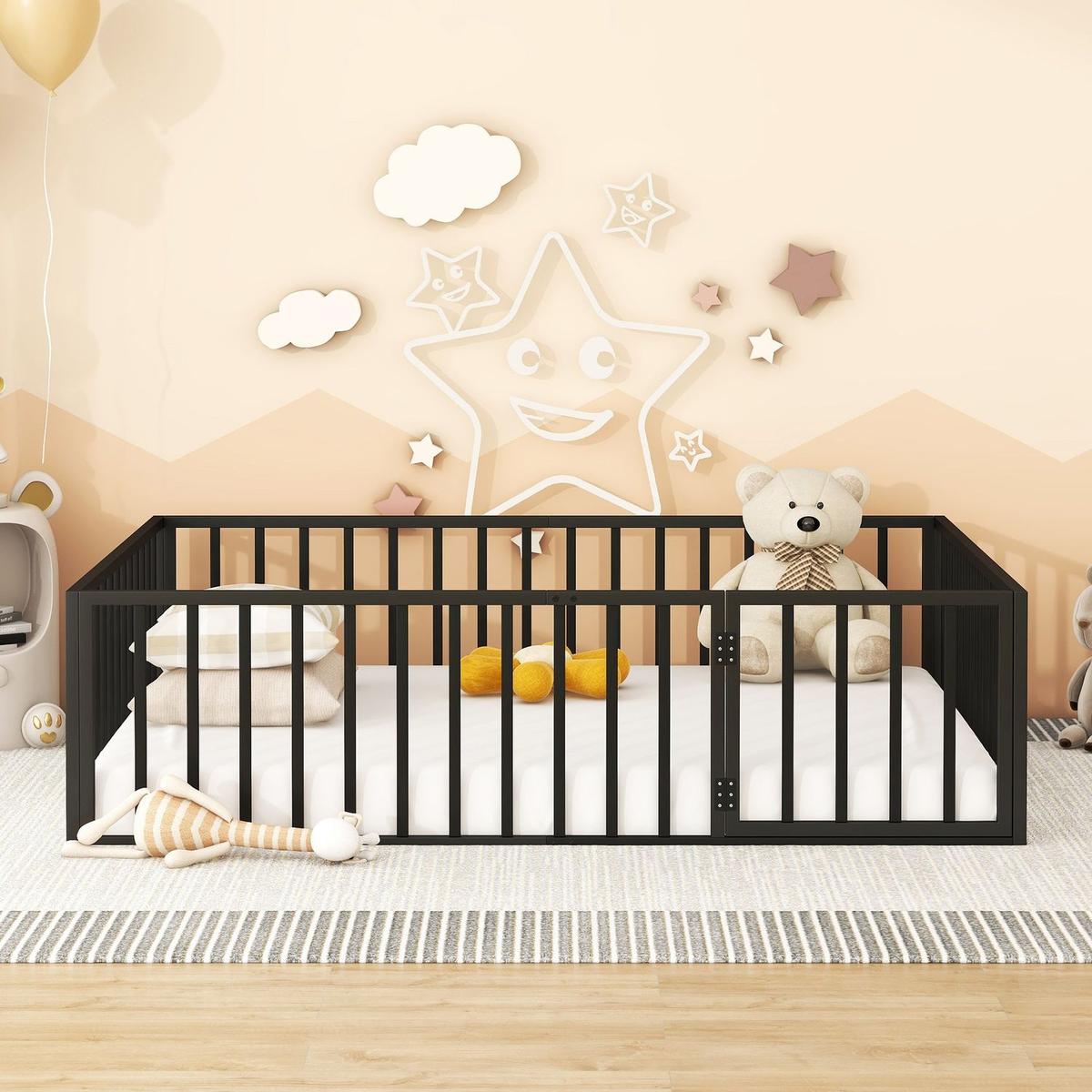Queen Size Metal Floor Bed Frame with Fence and Door, Black