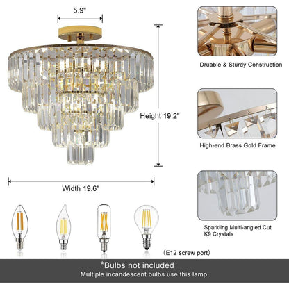 Gold Crystal Chandeliers,5-Tier Round Semi Flush Mount Chandelier Light Fixture,Large Contemporary Luxury Ceiling