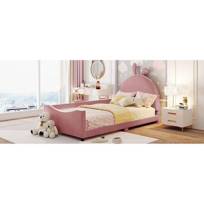 Twin Size Upholstered Daybed with Rabbit Ear Shaped Headboard, Pink
