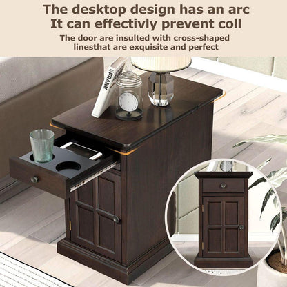 Classic Vintage Livingroom End Table Side Table with USB Ports and One Multifunctional Drawer with cup holders, Antique Espresso