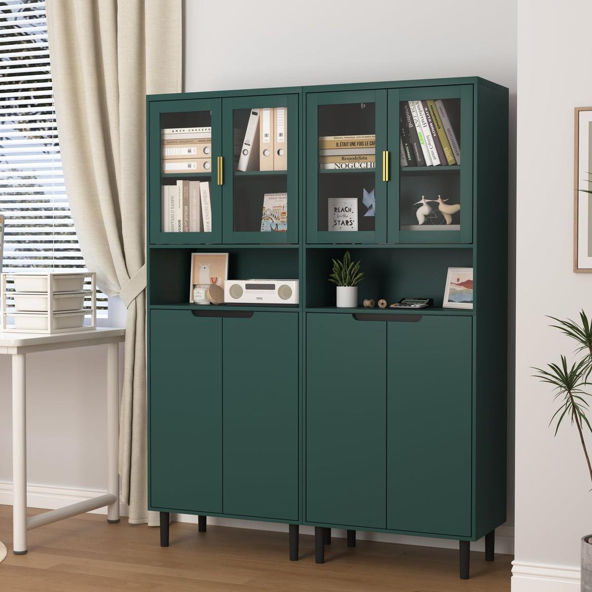 Tall Storage Show Cabinet with 2 Glass Display Door & 2 Doors, Tall Kitchen Pantry Cabinet with Gold Handles, Modern Cabinet Freestanding for Bathroom, Dining Living Room, Green