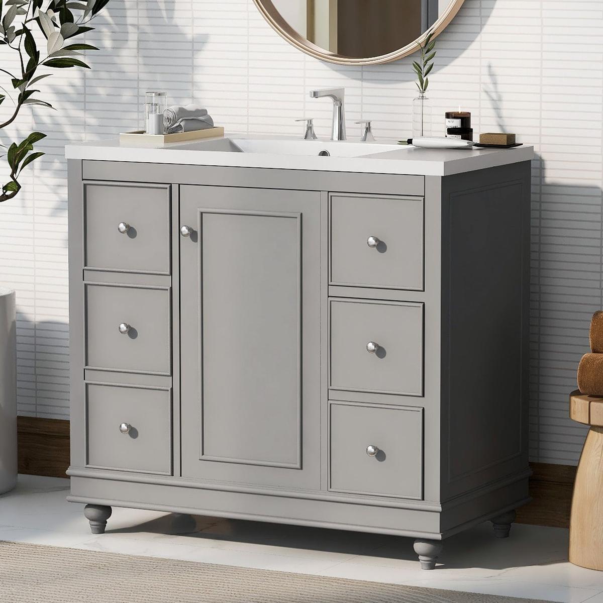 Contemporary Gray Bathroom Vanity Cabinet - 36x18x34 inches, 4 Drawers & 1 Cabinet Door, Multipurpose Storage, Resin Integrated Sink, Adjustable Shelves, Solid Wood Frame with MDF