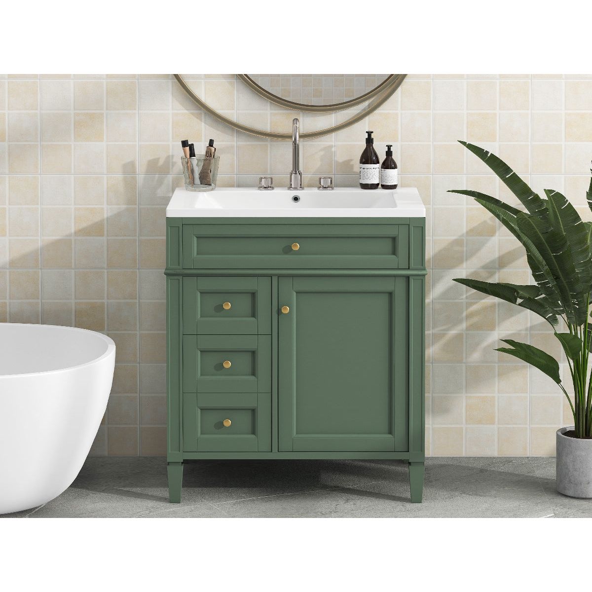 30" Bathroom Vanity with Top Sink, Modern Bathroom Storage Cabinet with 2 Drawers and a Tip-out Drawer, Single Sink Bathroom Vanity