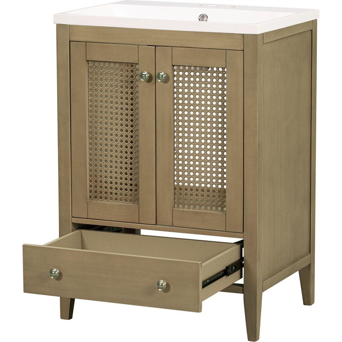24" Bathroom Vanity with Ceramic Basin, Rattan Bathroom Storage Cabinet with Two Doors and Drawer, Solid Frame, Natural