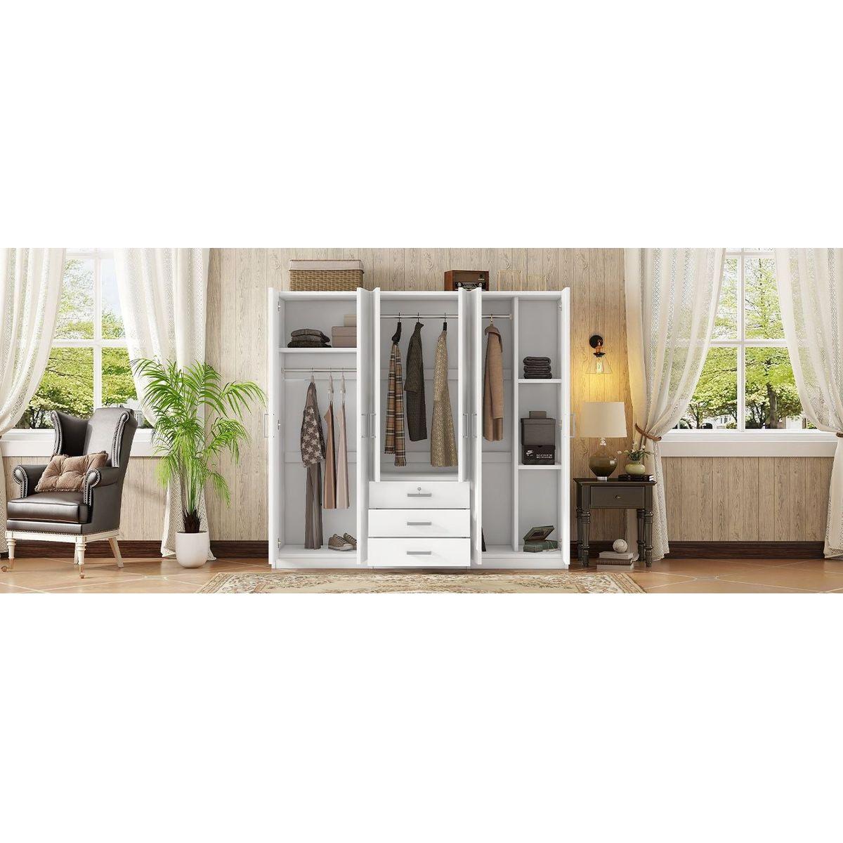 6-Doors Wooden Wardrobe Storage for Bedroom, with Big Drawers, White