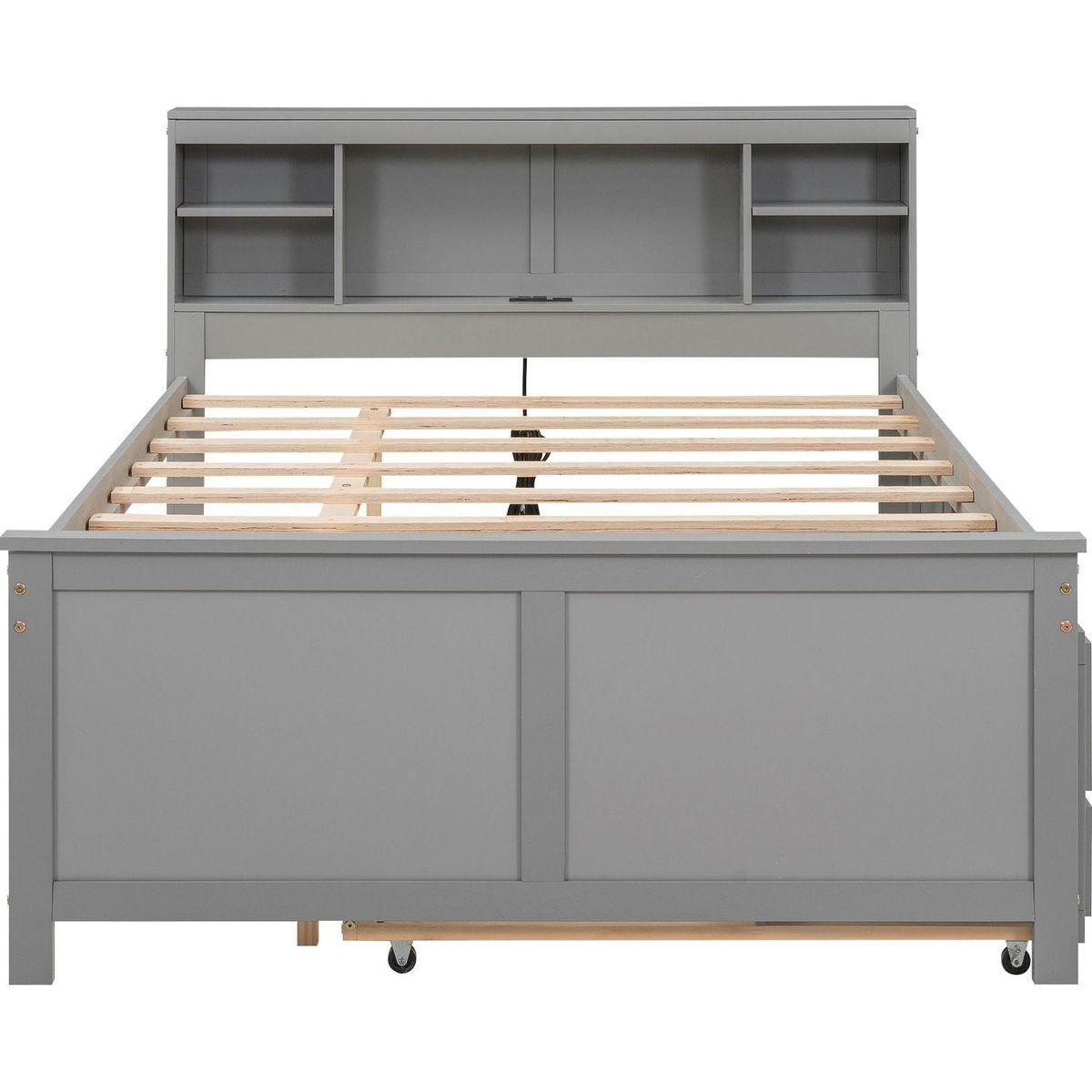 Full Size Platform Bed with Storage Headboard, USB, Twin Size Trundle and 3 Drawers, Gray